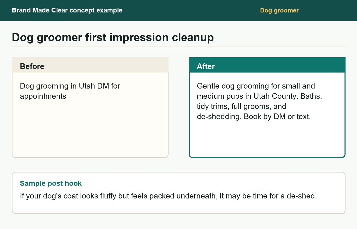 Concept example showing a dog groomer bio before and after a messaging refresh